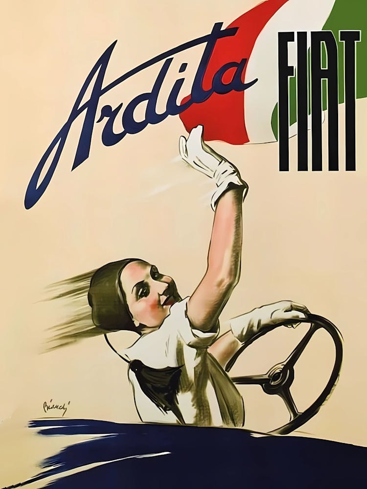 Voitures Fiat, Fille au volant, Affiche publicitaire vintage