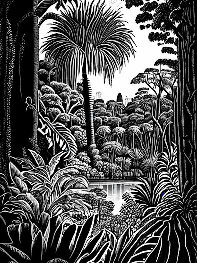 Jardim Botânico Do Rio De Janeiro, 1, Brazil Linocut Black And White Vintage