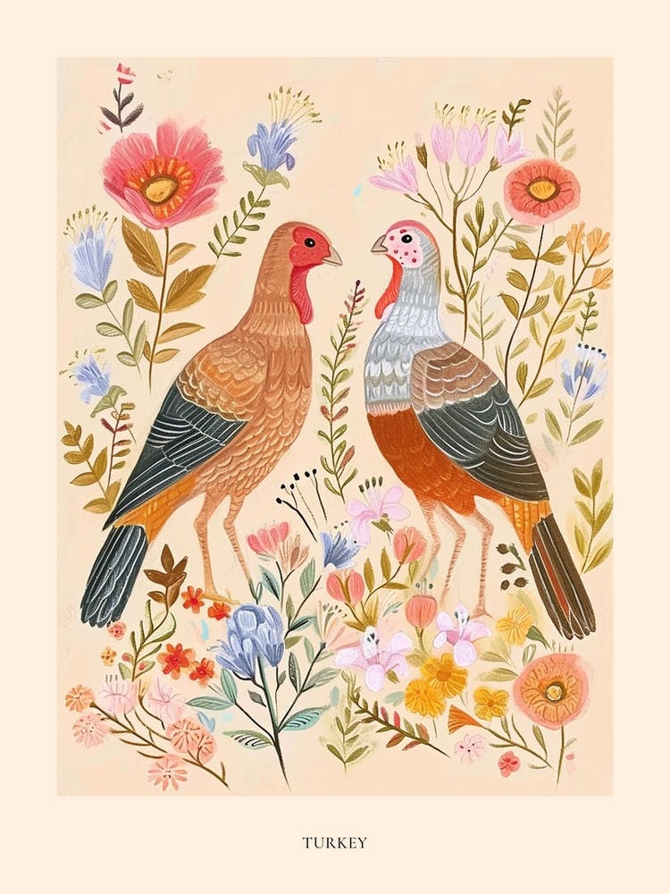Folksy Floral Animal Drawing Turkey 2 Poster