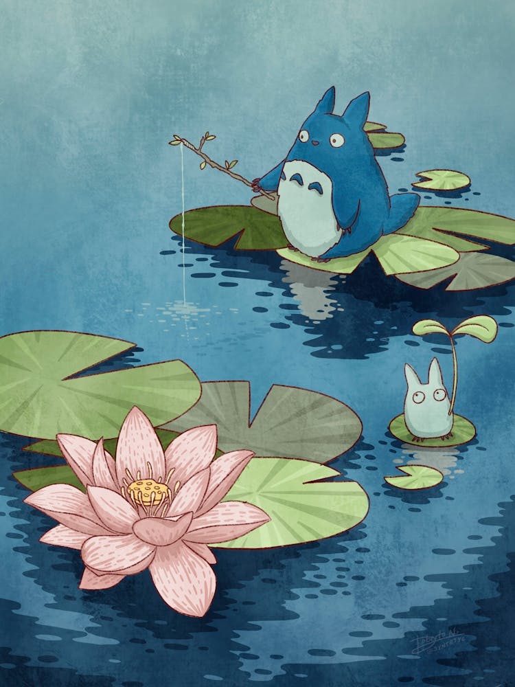 Chibi Totoro Fishing in the Pond - Anime Vintage Ukiyo-e art