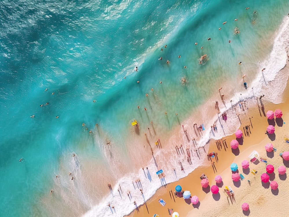 Aerial View Beach Club Pink Umbrellas Summer Photography