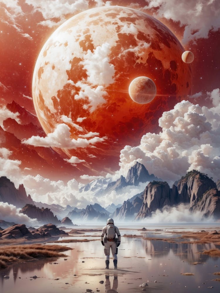 Lost in a surreal fantasy, the astronaut gazes at a colossal red mars planet, its majesty reflected in alien skies adorned with moons and whimsical clouds.