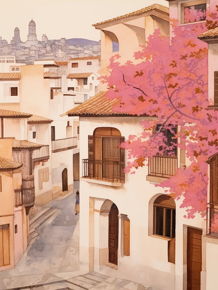 Granada Spain 3 Vintage Pink Travel Illustration