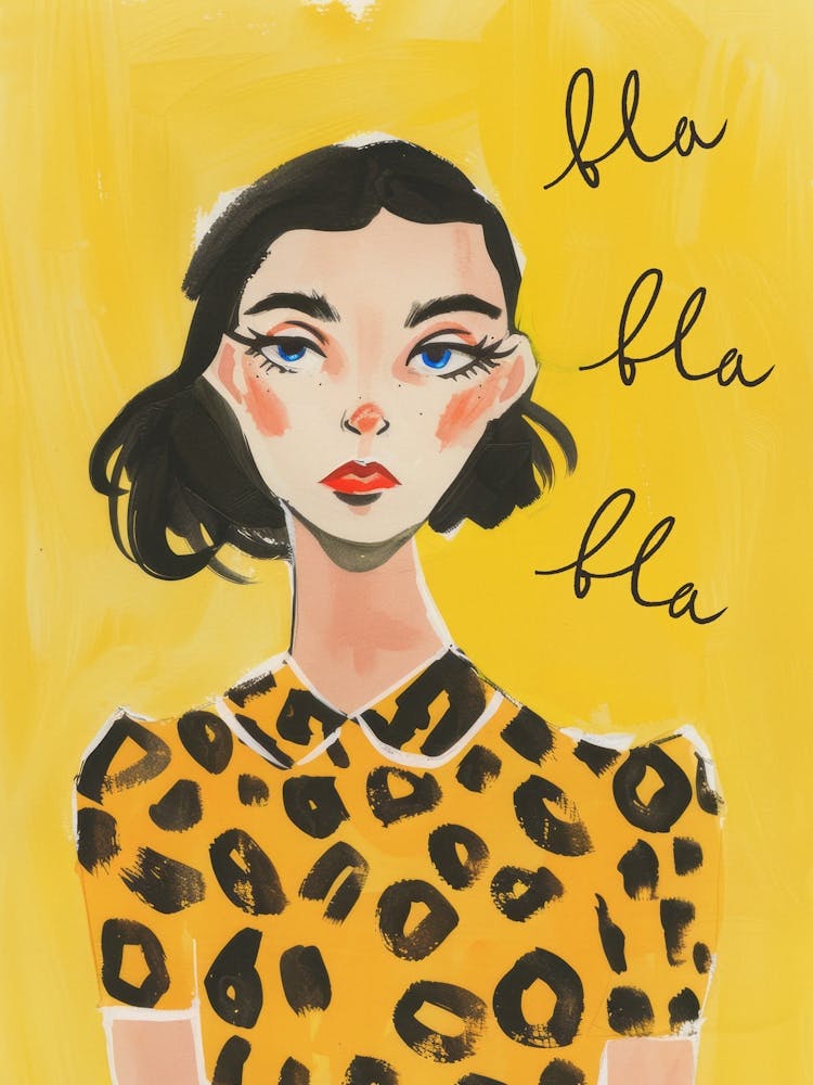 Bla Bla Bla. Woman with Short Hair and Leopard Print Dress. Retro Watercolor Portrait French