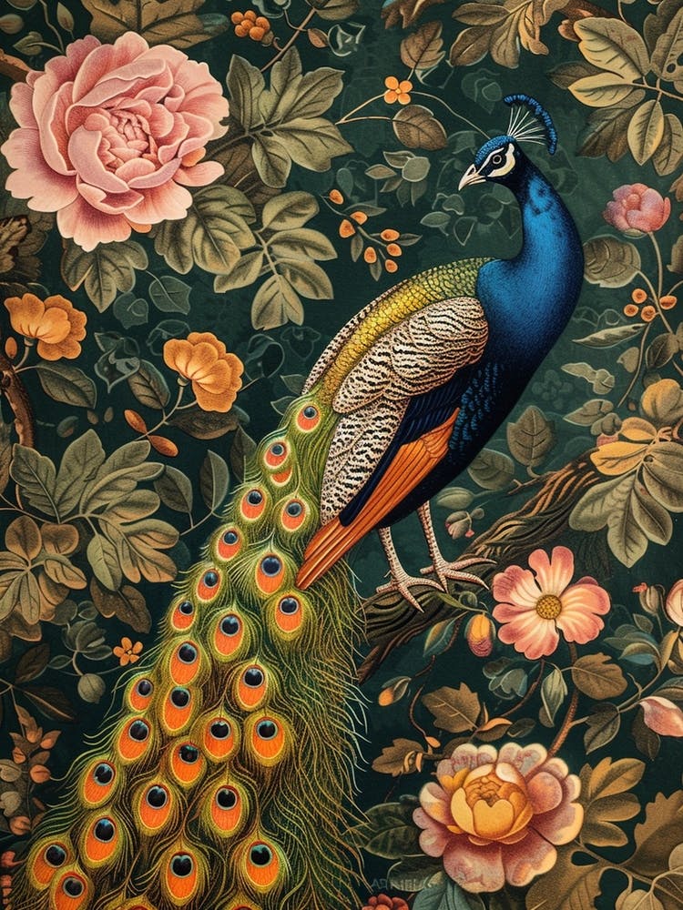 Navy Blue Vintage Floral Peacock 1