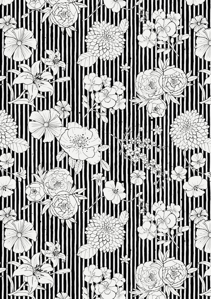 Flowers And Stripes Black White