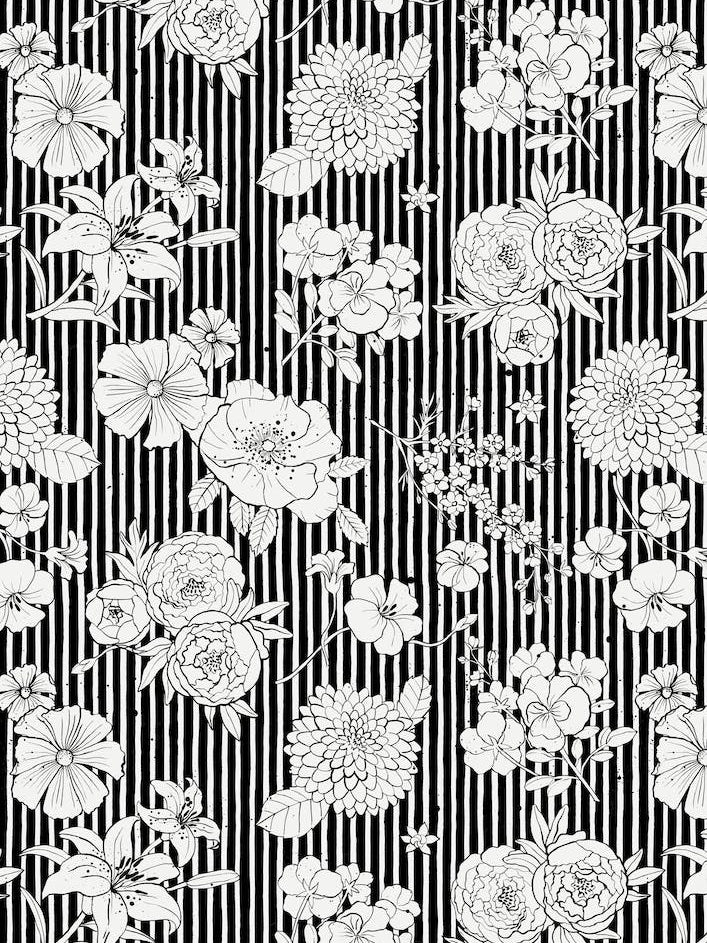 Flowers And Stripes Black White