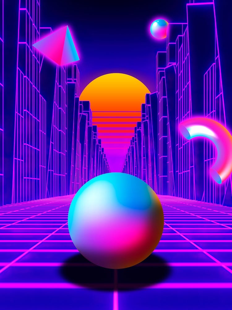 Neon sunset, trench and sphere [synthwave/vaporwave/cyberpunk] — aesthetic neon retrowave poster