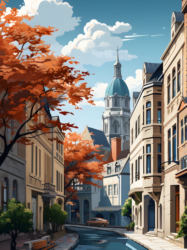 Charming European Street Illustration With Autumn Trees And Historic Architecture