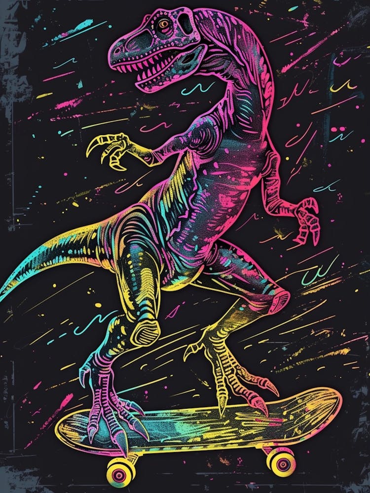 Neon Dinosaur On A Skateboard