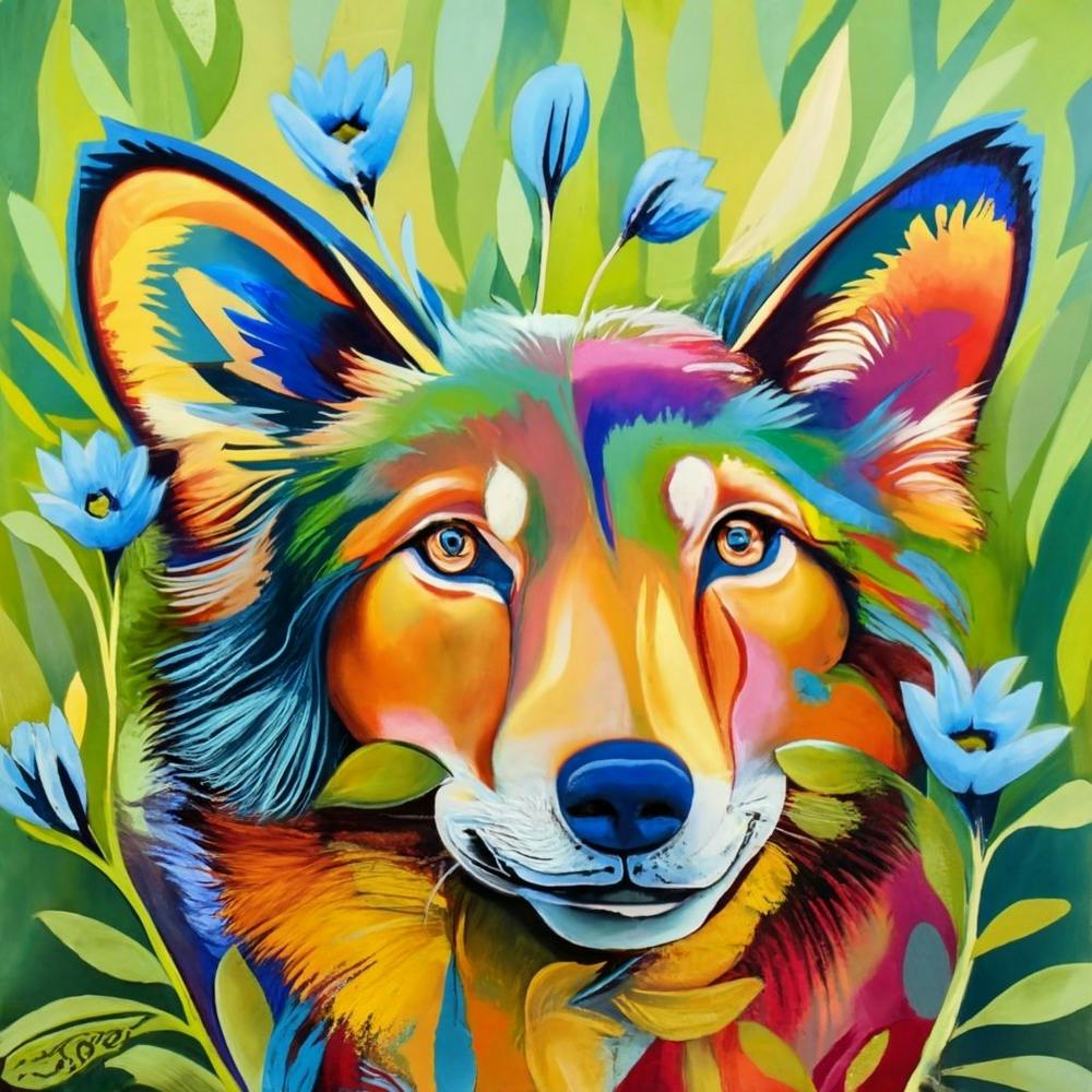 Animals Wall Art : Wolf With Blue Flowers