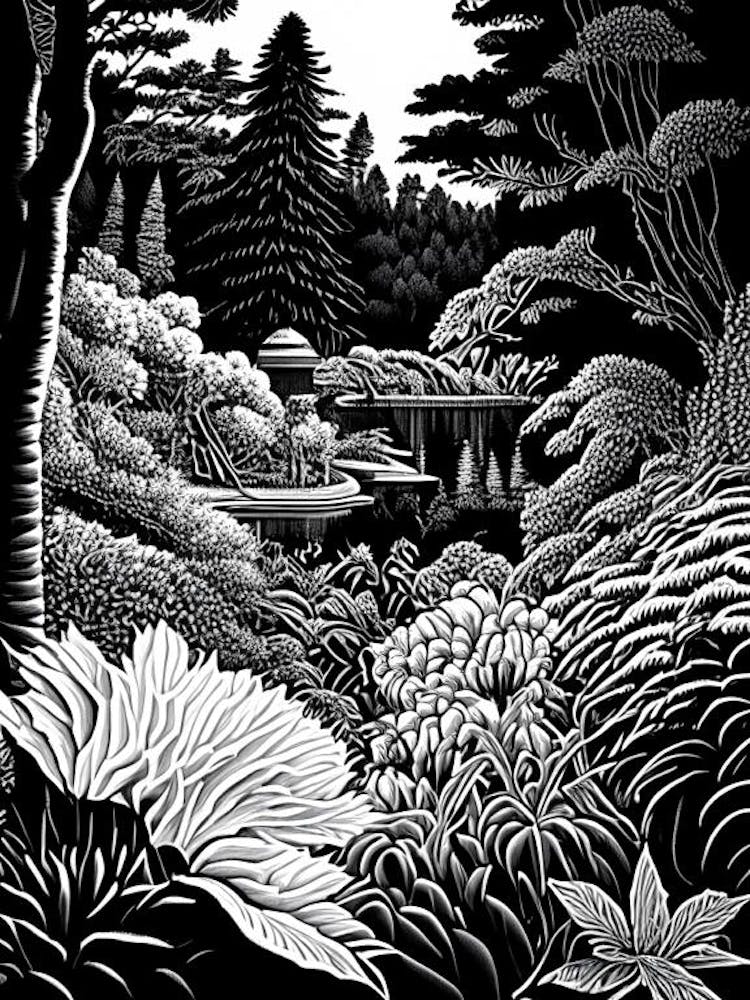 Butchart Gardens, Kanada Linolschnitt Schwarz-Weiß Vintage