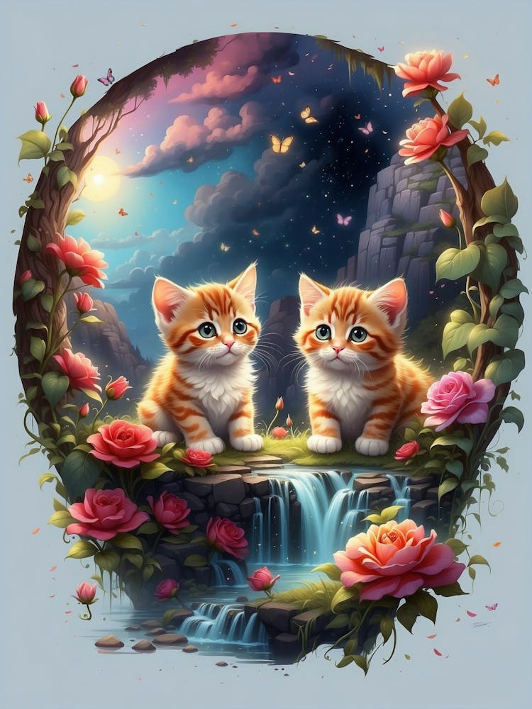 Two Kittens On A Waterfall