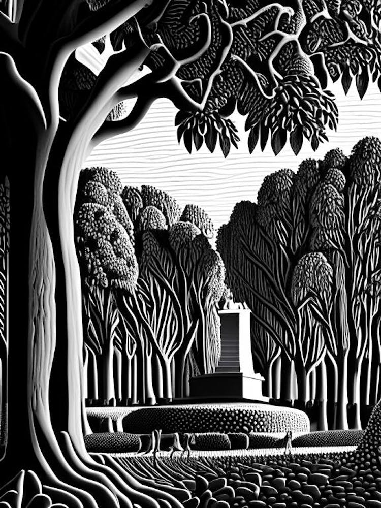 Vigeland Sculpture Park, Norway Linocut Black And White Vintage