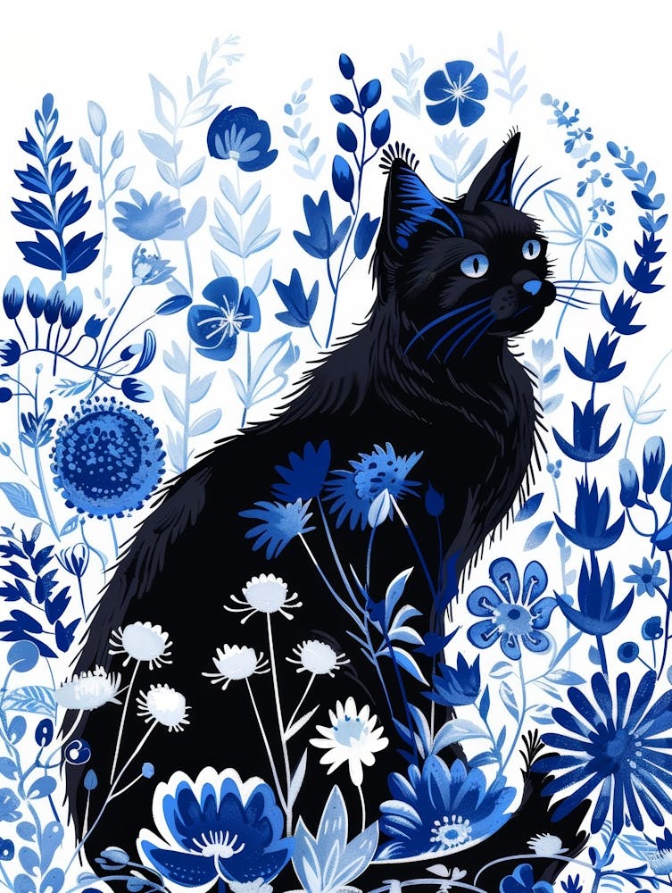 Black Cat In Blue Flowers 4