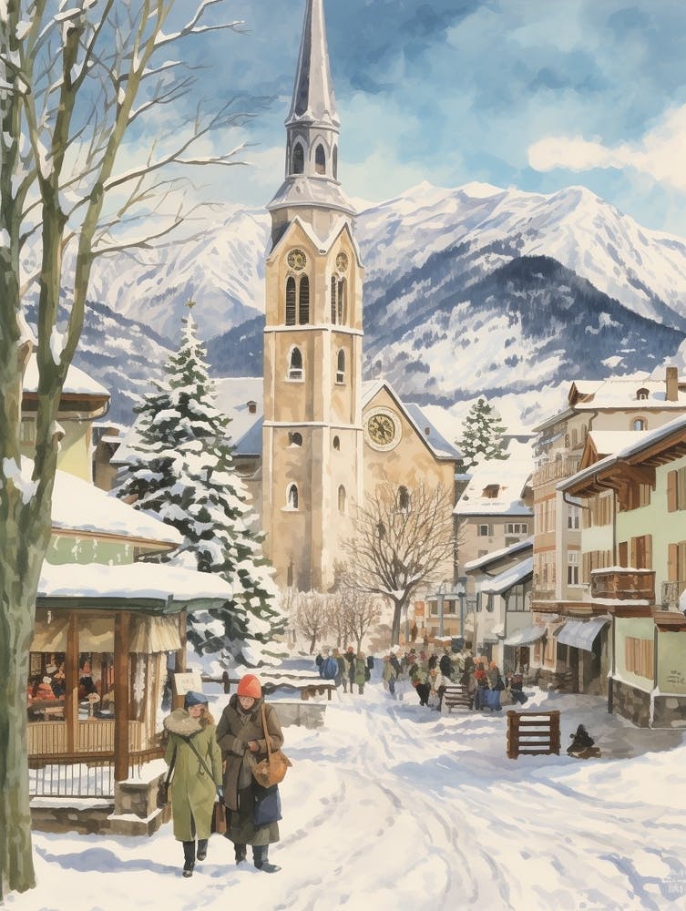Vintage Winter Illustration Lech Austria 2