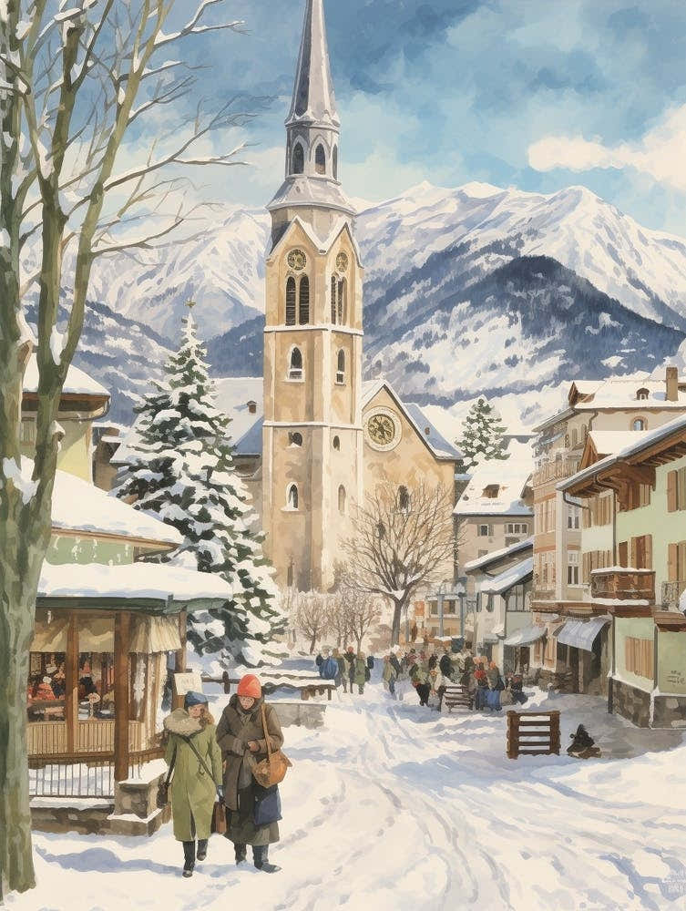Vintage Winter Illustration Lech Austria 2