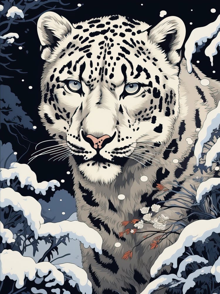 Snow Leopard Animal Drawing In The Style Of Ukiyo E 3