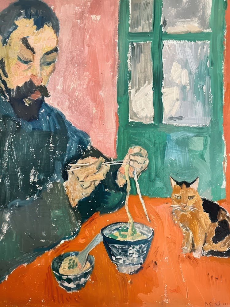 Portrait Of A Man With Cats Eating Ramen  2