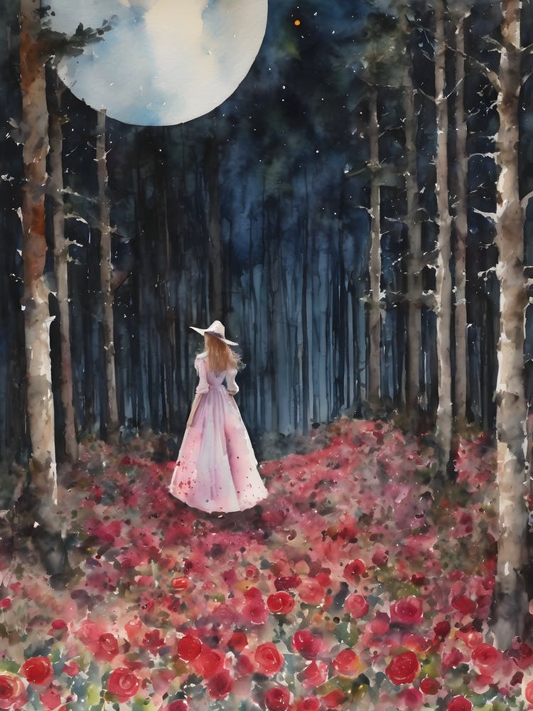 Lost in Rose Woods ~ Fairytale Witchy Wonderland Princess Maiden in Roses Enchanted Mysterious Forest, Pagan Wheel of the Year, Full Moon Watercolor Fairy Tale Painting of Woman Goddess in Pink Dress Gazing at Lunar Full Moon
