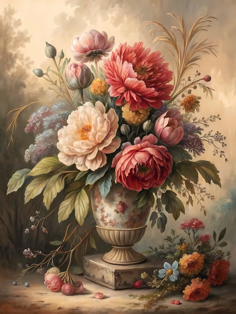 Oil Painting Style Vintage Botanical Bouquet Peonies & Mixed Flowers in Urn