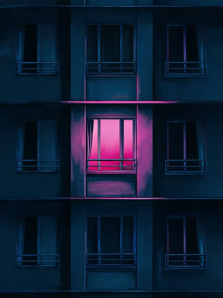 Minimalist Neon Art: A dark urban apartment building with one glowing pink window. Perfect for moody, modern aesthetics.