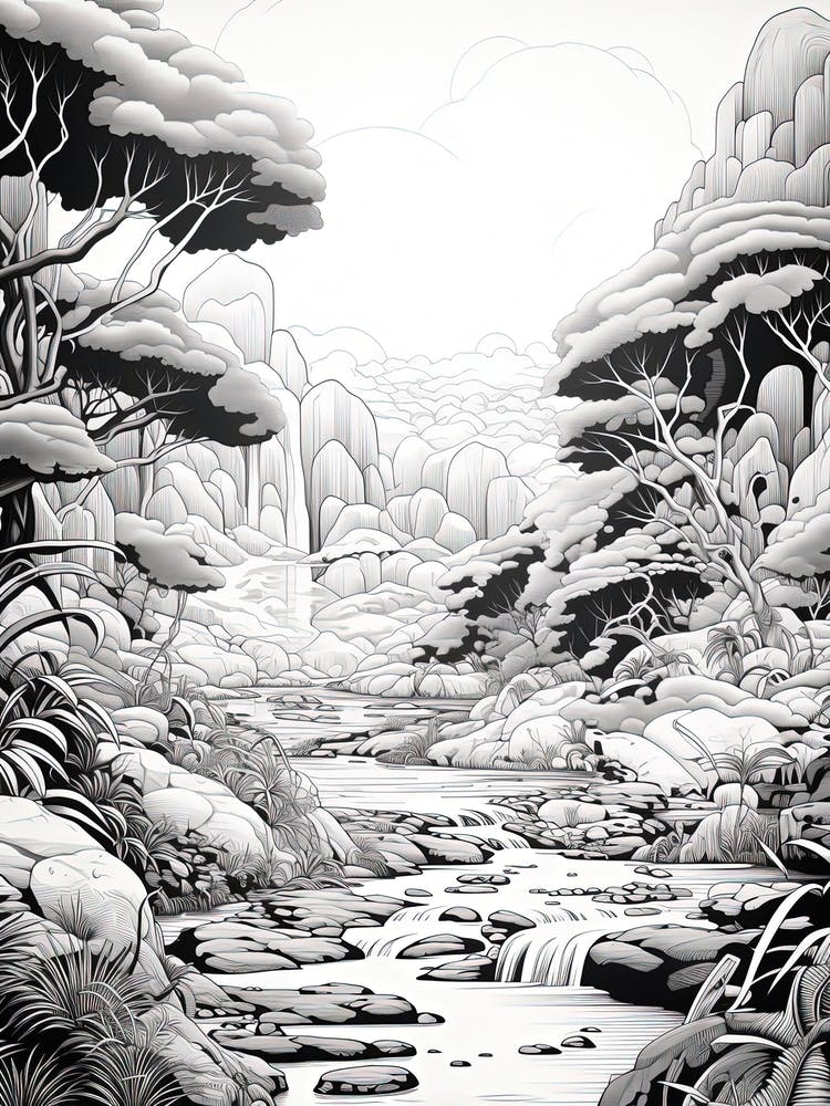 Iriomote Island In Okinawa, Ukiyo E Black And White Line Art Drawing 3