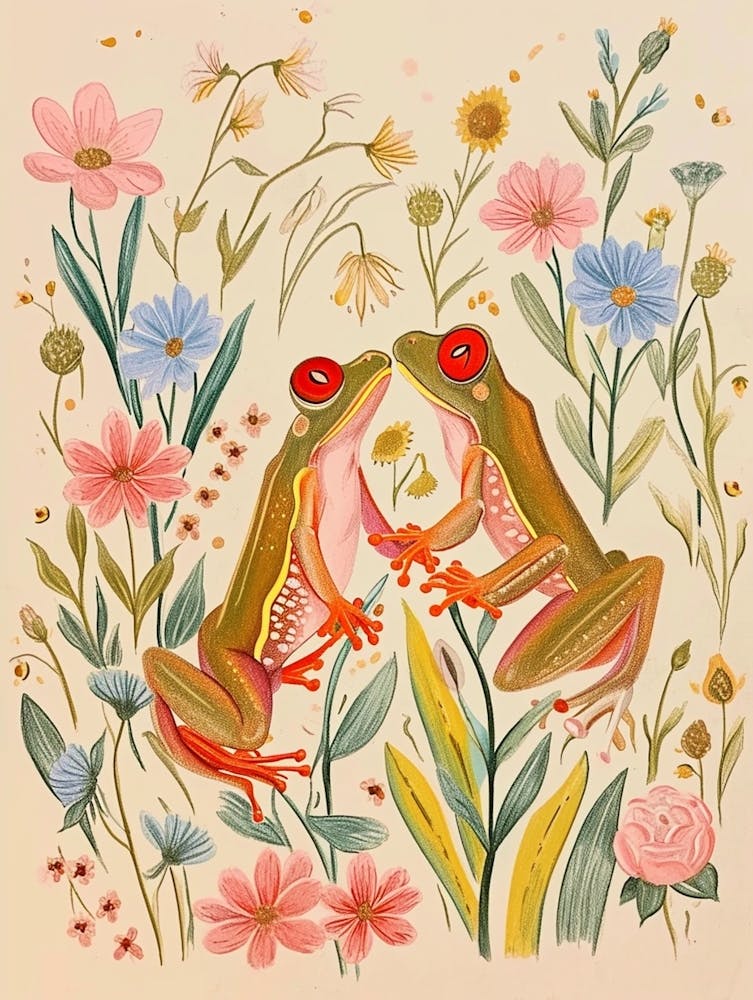 Folksy Floral Animal Drawing Frog 5