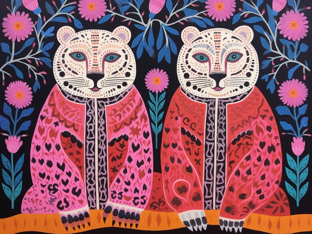 Snow Leopard 3 Folk Style Animal Illustration