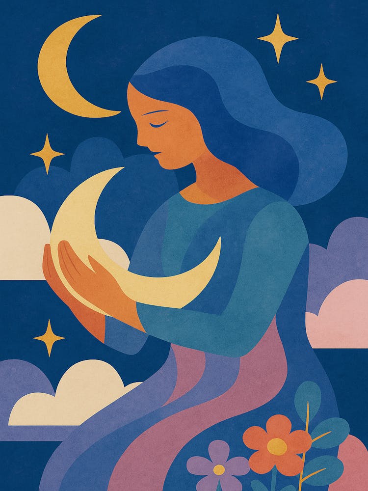 Celestial Woman Holding the Moon - Abstract Modern Art for Boho Wall Decor