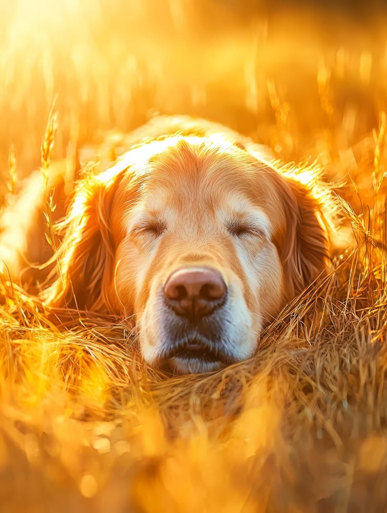 Golden Retriever Dog Sleeping In The Grass.Generated AI.
