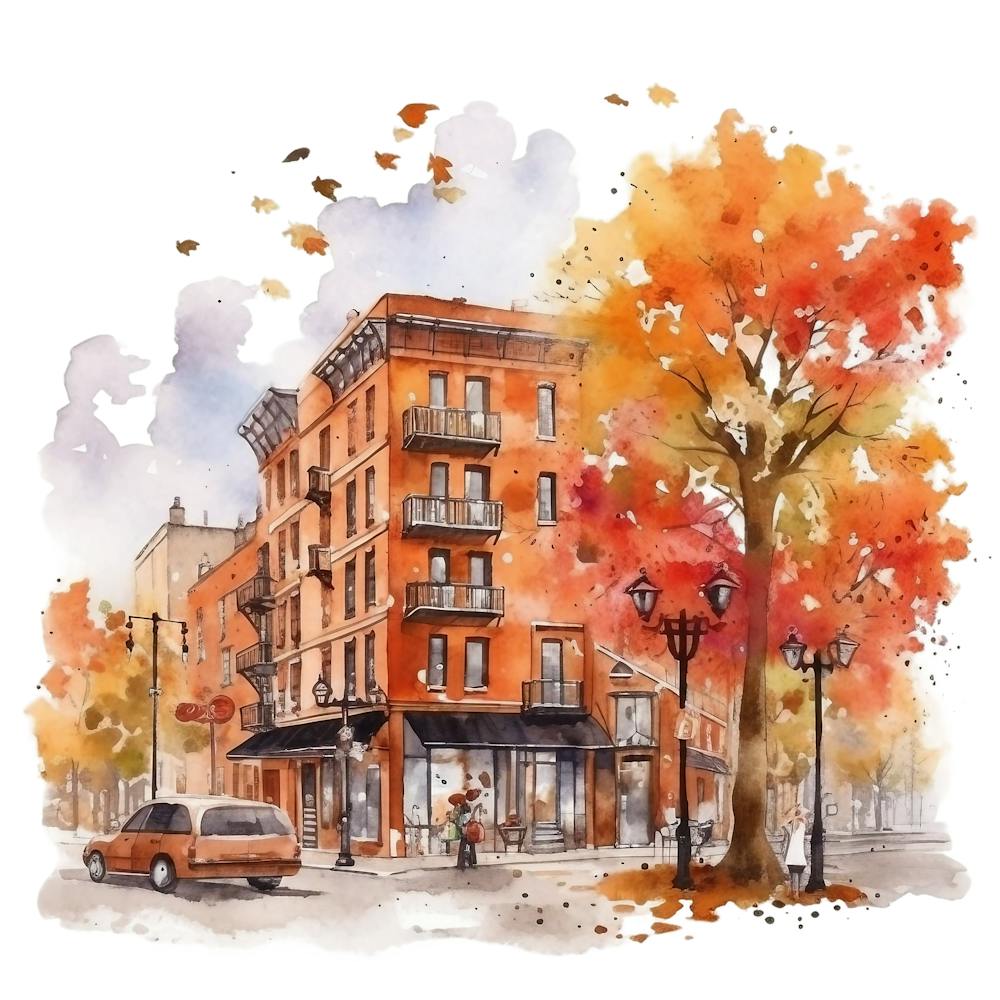 Watercolor Autumn Street Scene 1