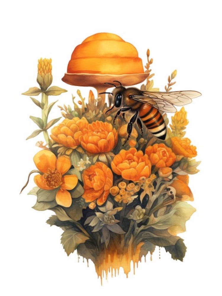 Abeille aux Pieds Oranges, Fleurs et Ruche - Illustration Aquarelle 1