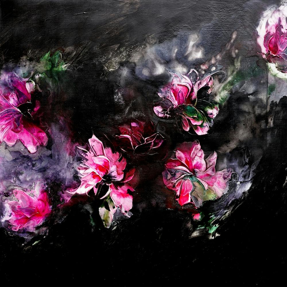 Red Flowers And Black Painting Square