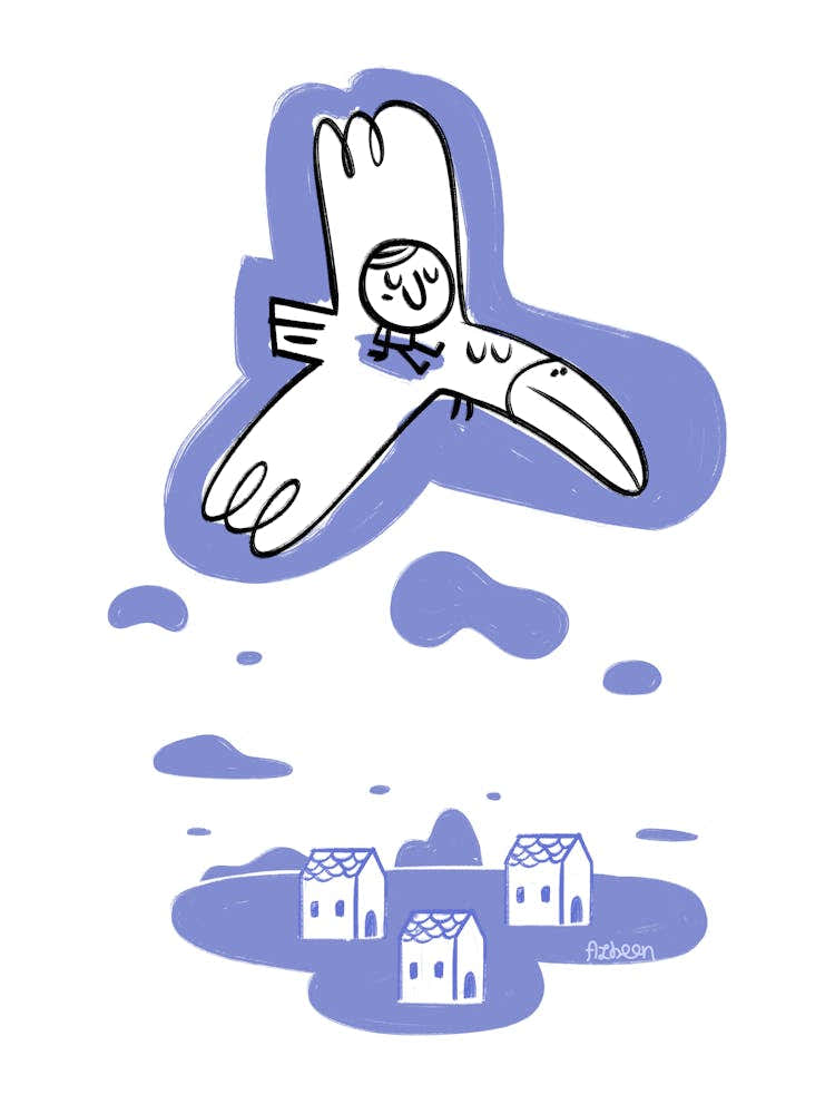 Boy flying with bird over the city