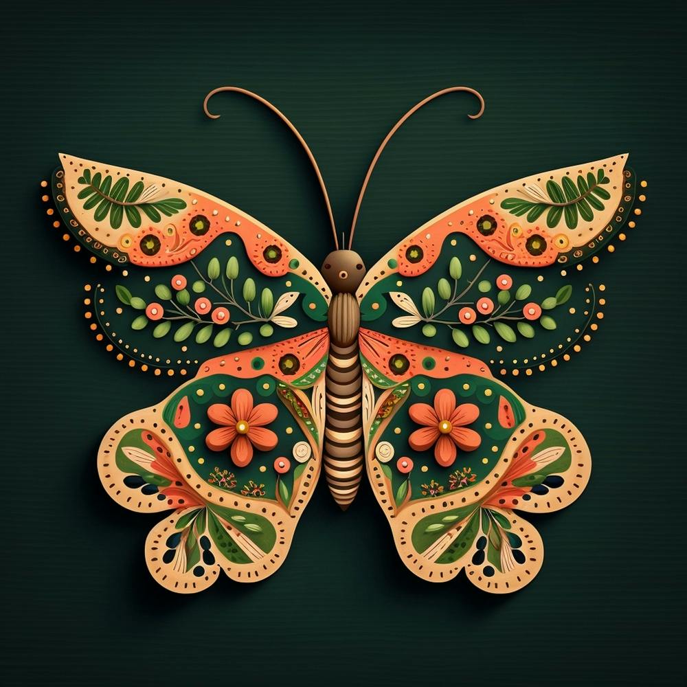 Colorful Butterfly With Orange Green Flowers