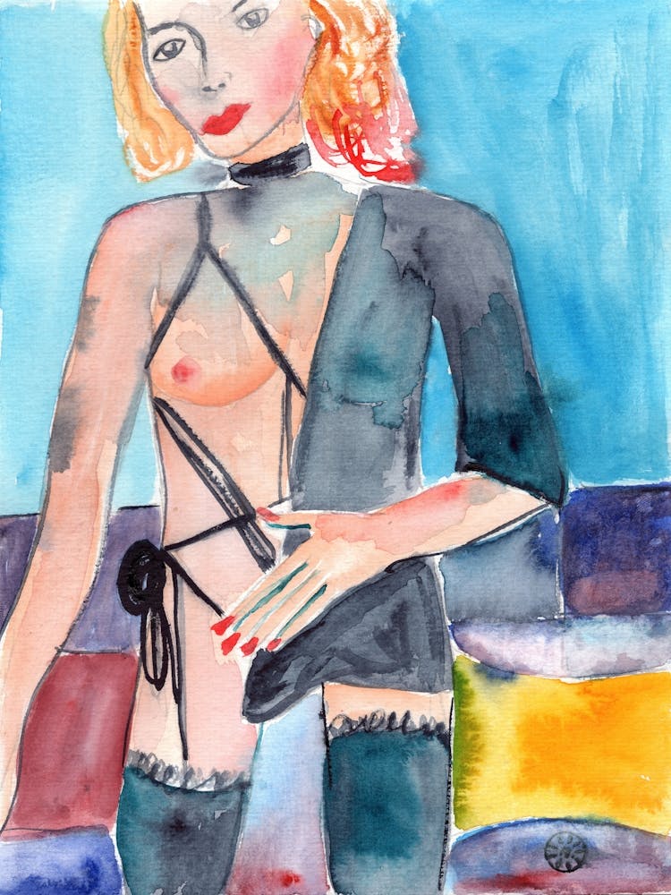 Vulgar - Anton Maliar woman female nude erotic lingerie watercolor teal yellow figurative bedroom