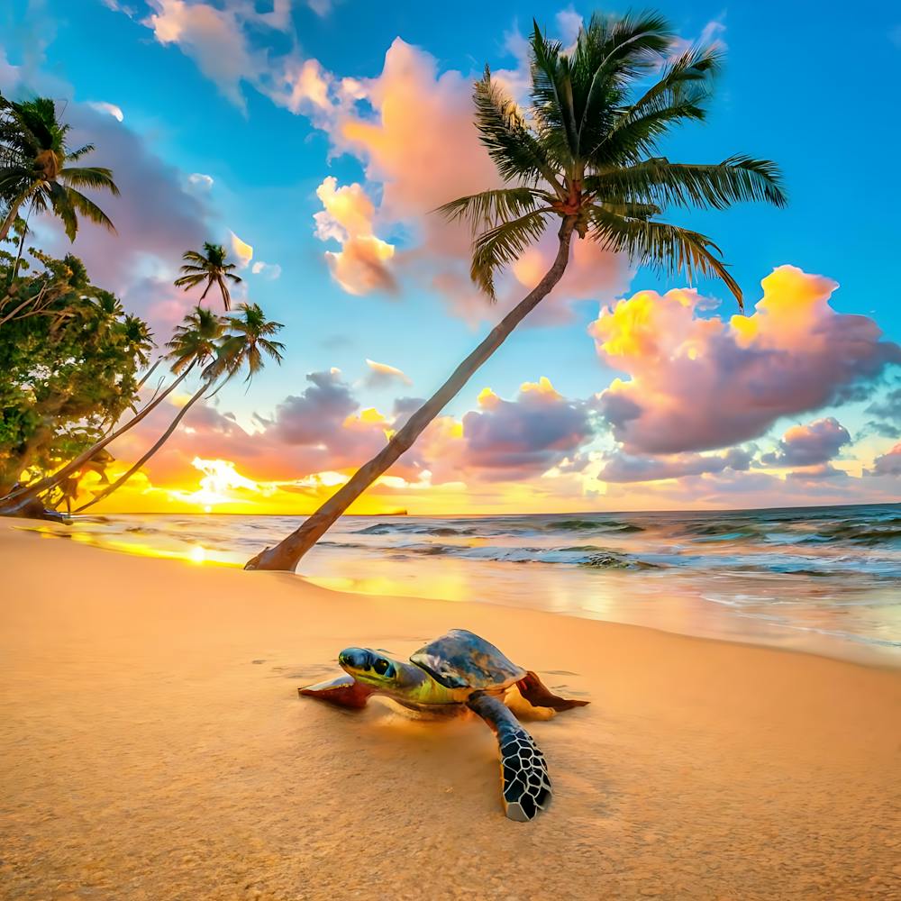 Turtle On The Beach At Sunset