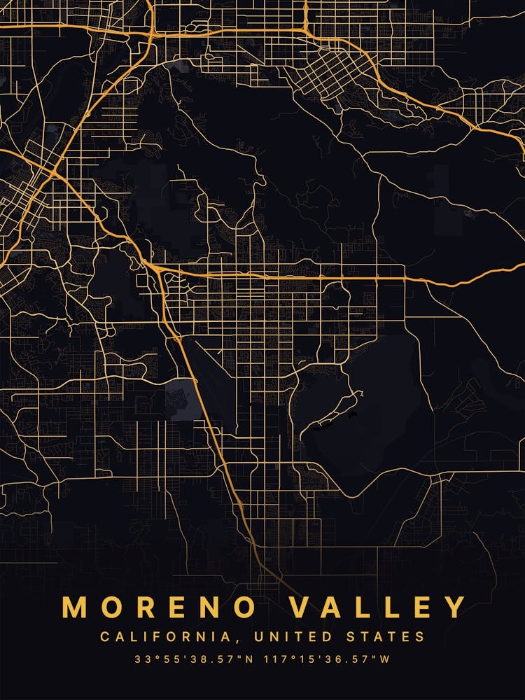 Moreno Valley California USA Black And Gold Map