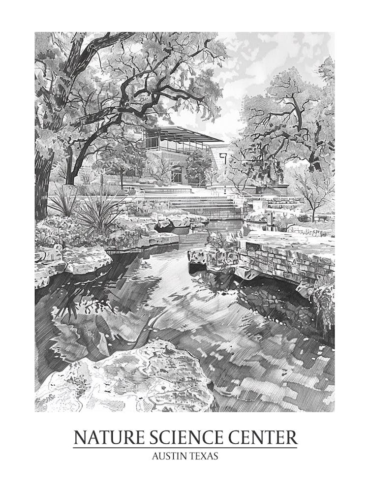 Nature Science Center Austin Texas Black And White Drawing 2 Poster
