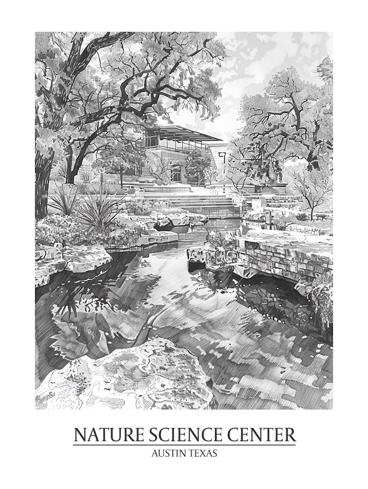 Nature Science Center Austin Texas Black And White Drawing 2 Poster