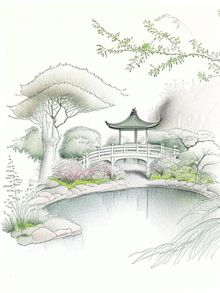 Japanischer Freundschaftsgarten, USA Vintage Bleistiftzeichnung