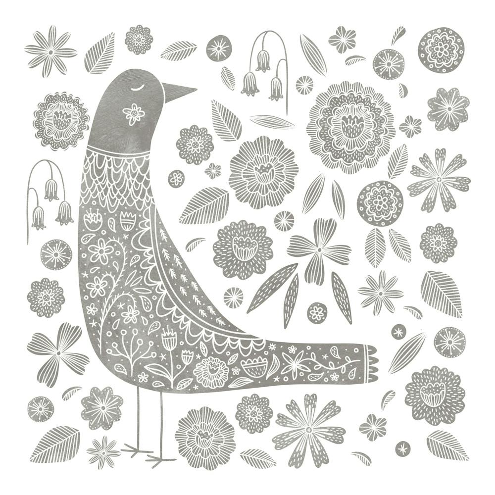 Scandinavian Bird And Flowers Gray and White