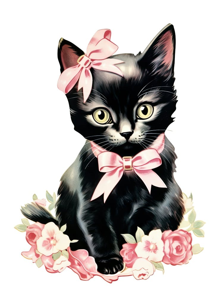 Vintage Cat  Pink Flowers Kitsch