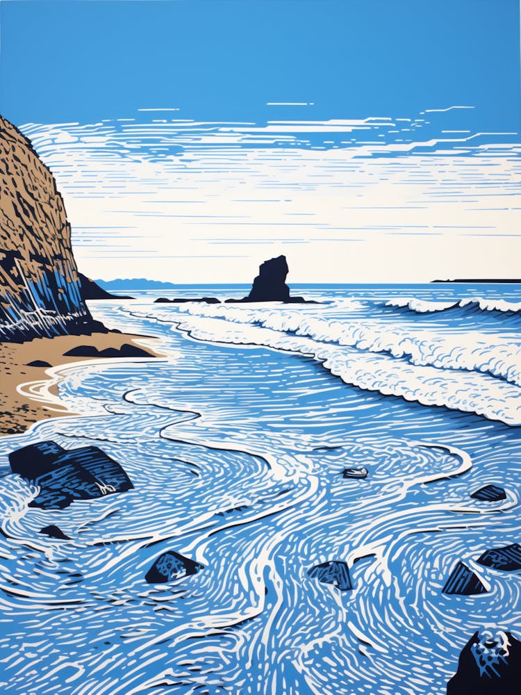 Linocut Of Barafundle Bay Beach Pembrokeshire Wales 1