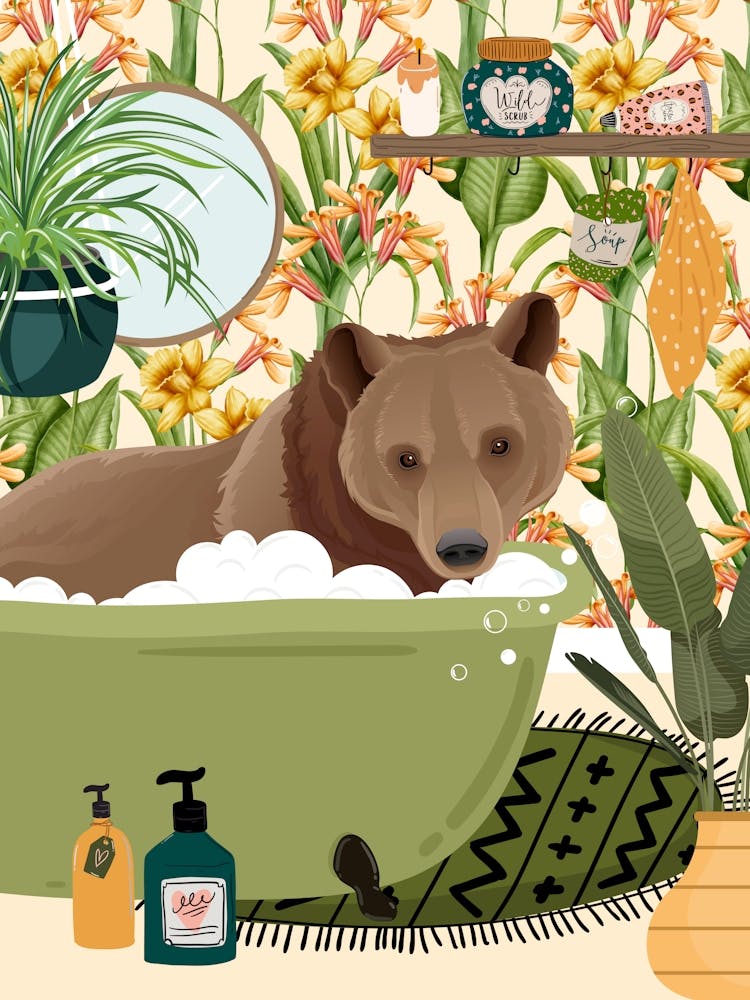 Bear In Bathtub In Springtime Bathroom