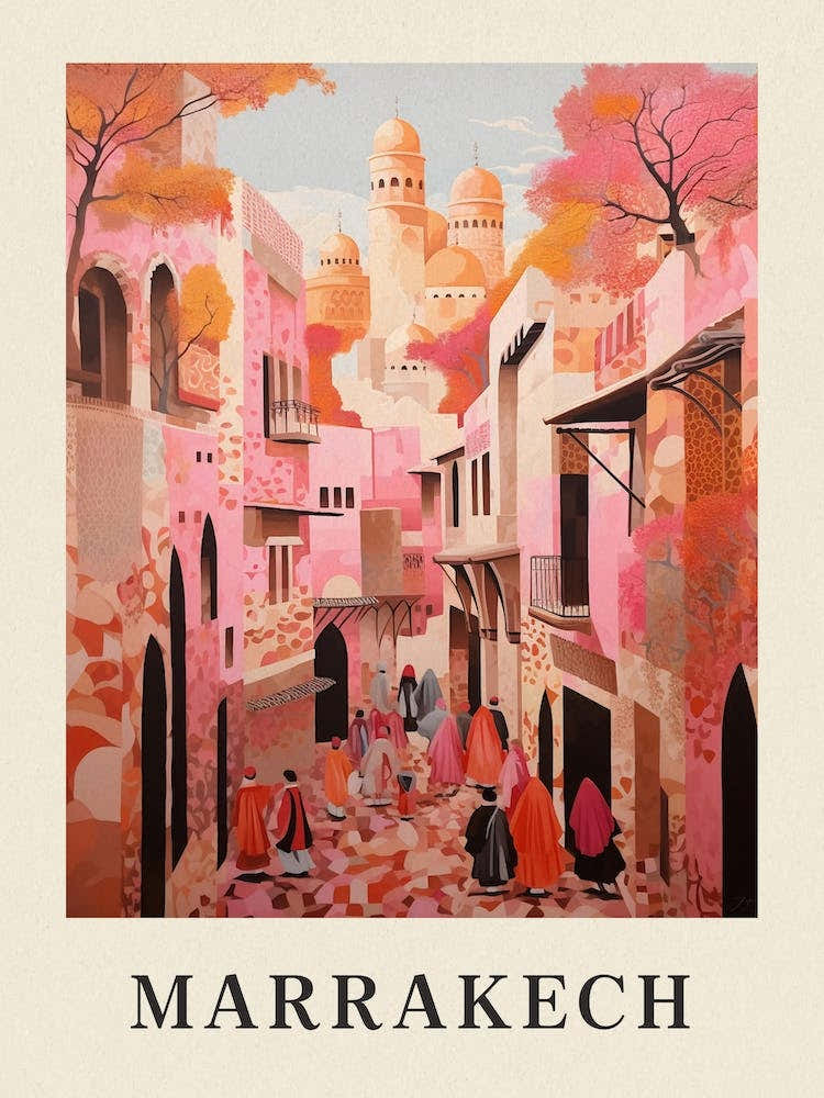 Marrakech Morocco 3 Vintage Pink Travel Illustration Poster