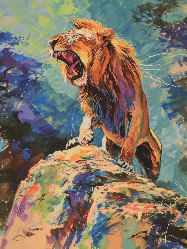 Masai Lion Roaring On A Cliff Fauvist Painting 1