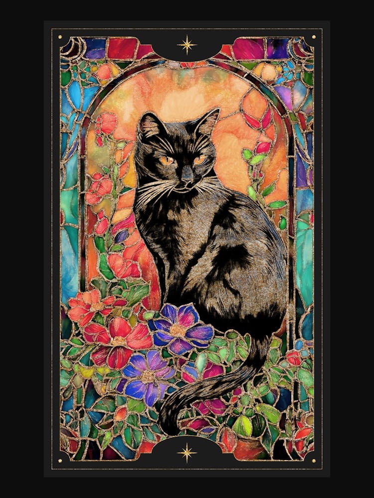 Alphonse Mucha-inspiriertes schwarzes Kätzchen und verzierte Floralien mit Goldakzenten in dunkler Cottagecore-Ästhetik mit Buntglaseffekt, Jugendstil-Hexenkunstwerk perfekt für Bibliotheken, Zimmer im Vintage-Stil, stimmungsvolles Interieur 1