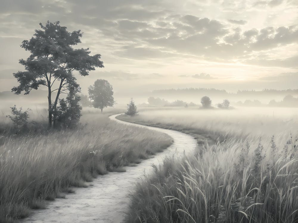 Retro Vintage Style A Quiet Footpath Through A Fog